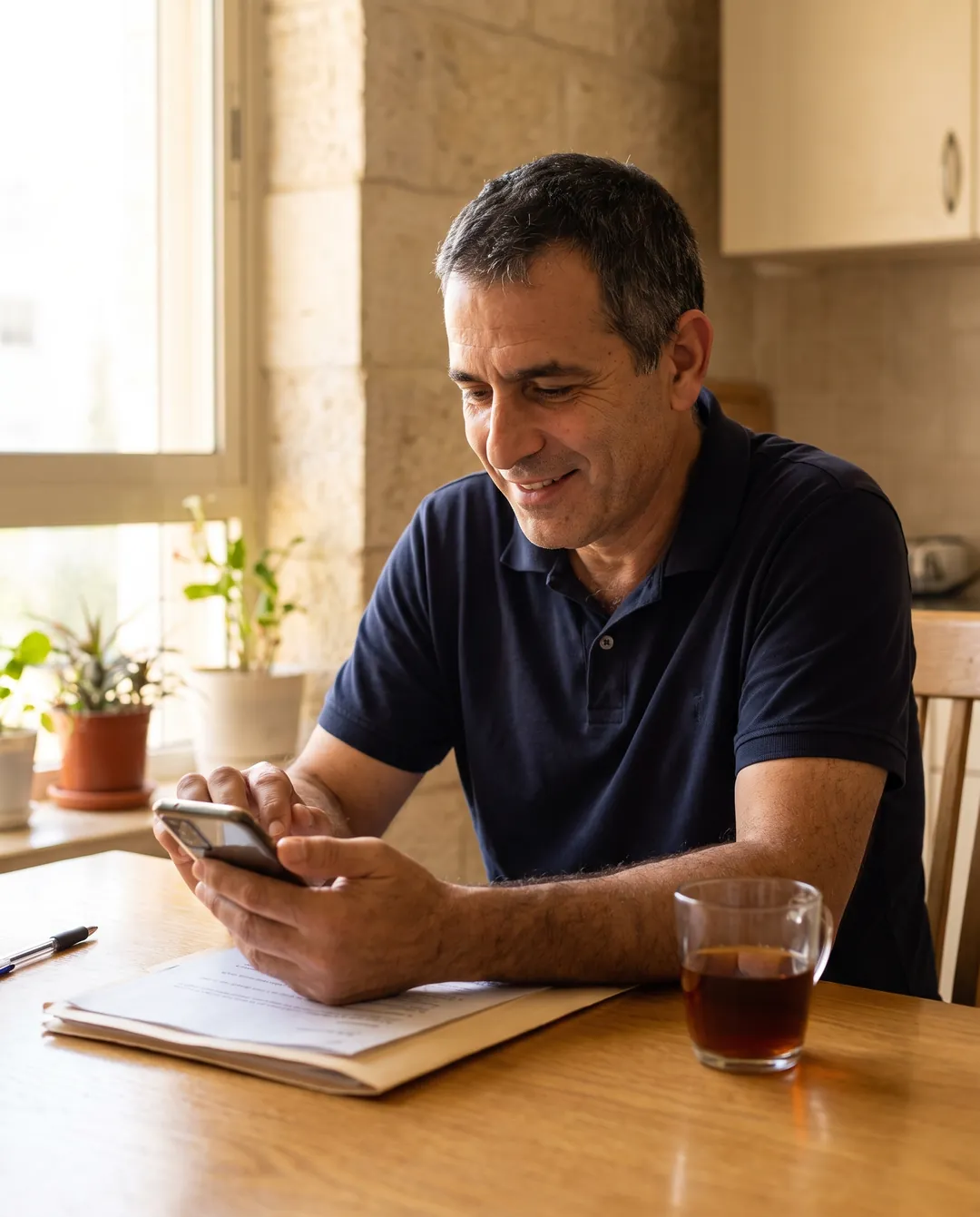 גבר מחייך מול הטלפון ליד שולחן המטבח